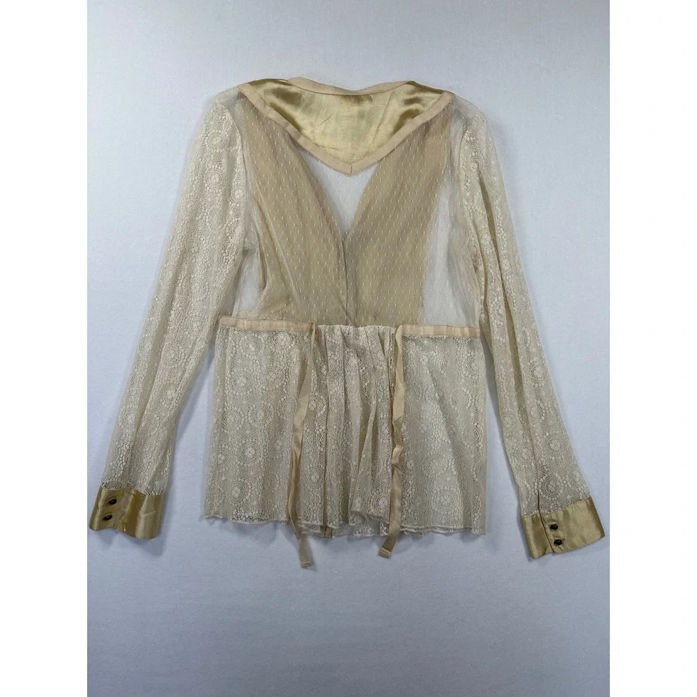 Sundance Lace Satin Lady Jane Blouse Sz 8 Cream Gold Romantic Mesh Peplum Top - Picture 12 of 14